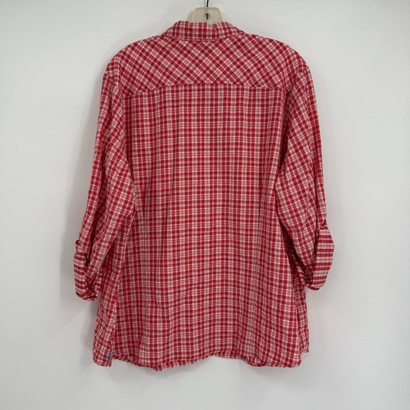 Eddie Bauer Women’s Nylon Camp Shirt Size 2X Red Plaid Roll Tab Button Up - Picture 7 of 9